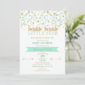 Twinkle Little Star Baby Dusche Gold & Mint Einladung (Stehend Vorderseite)