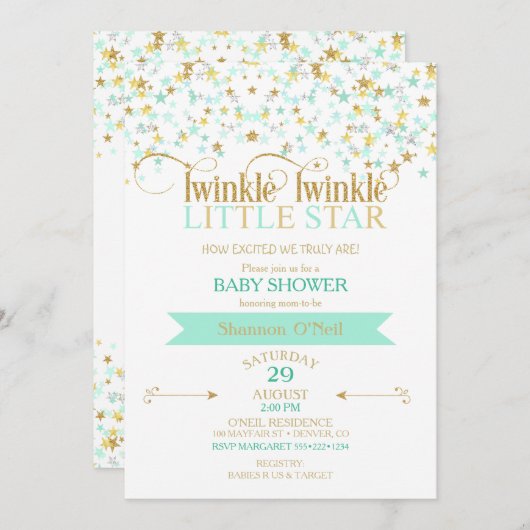 Twinkle Little Star Baby Dusche Gold & Mint Einladung (Vorne/Hinten)