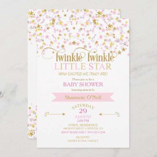 Twinkle Little Star Baby Dusche Pink Gold Einladung (Vorne/Hinten)