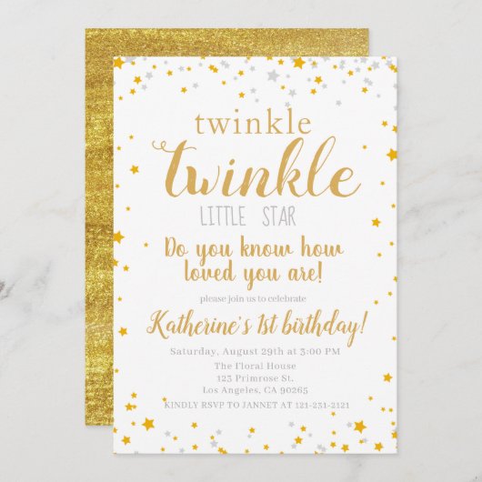 Twinkle Little Star Baby Gold Girls Geburtstag Einladung (Vorne/Hinten)