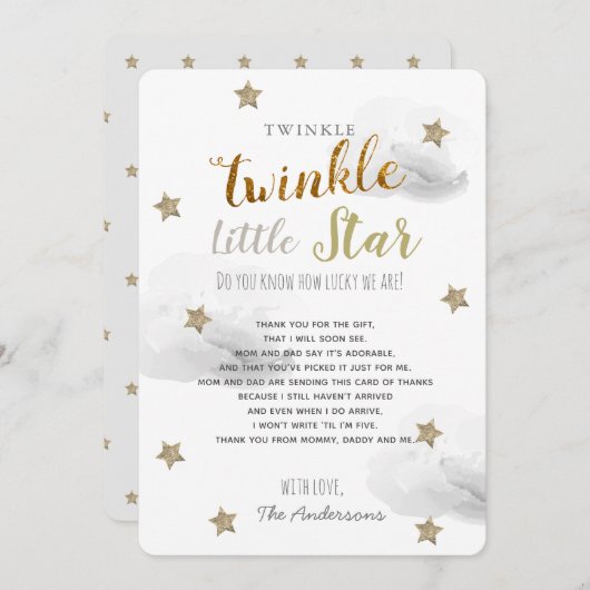 Twinkle Little Star Baby Shower Grau Vielen Dank Einladung (Vorne/Hinten)