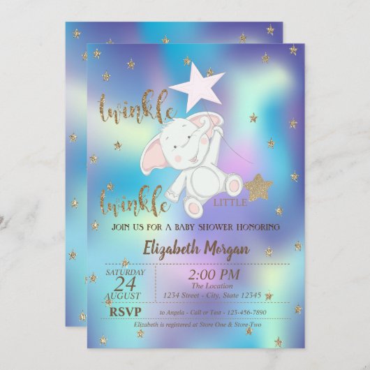 Twinkle Little Star Bear Holographic Baby Shower Einladung (Vorne/Hinten)