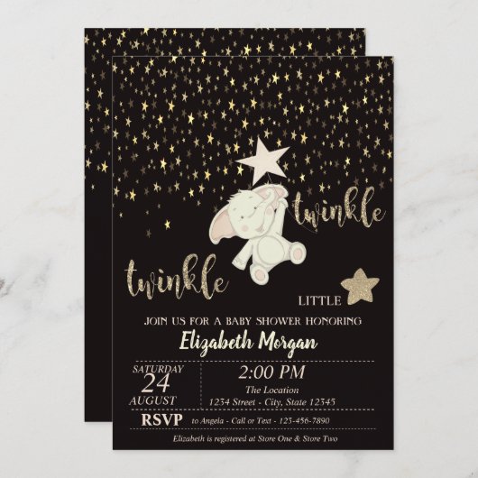 Twinkle Little Star Black, Gold, Bear Baby Dusche Einladung (Vorne/Hinten)