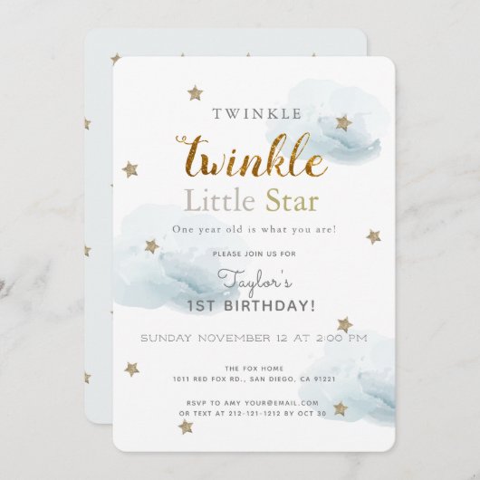 Twinkle Little Star Blue 1. Geburtstag Einladung (Vorne/Hinten)