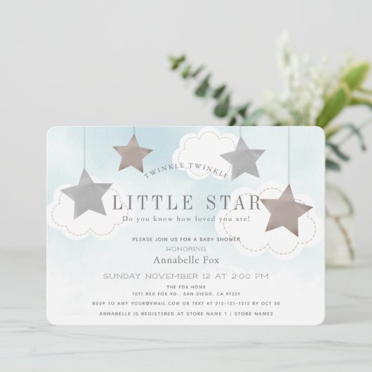 Twinkle Little Star Blue Baby Dusche Einladung (Stehend Vorderseite)