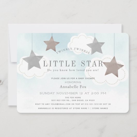 Twinkle Little Star Blue Baby Dusche Einladung (Vorderseite)
