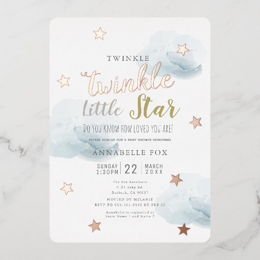 Twinkle Little Star Blue Clouds Baby Dusche Folieneinladung (Vorderseite)