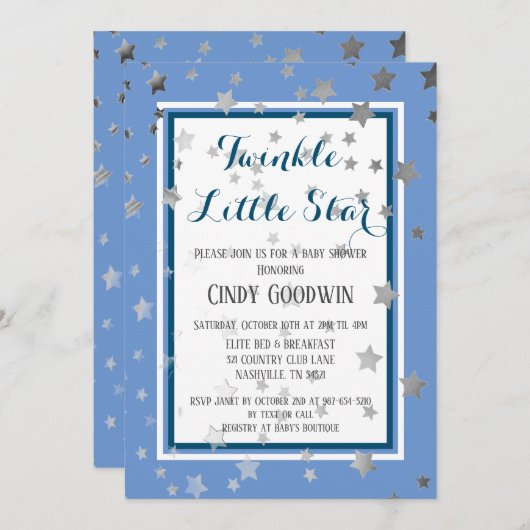 Twinkle Little Star Blue Silver Stars Baby Dusche Einladung (Vorne/Hinten)