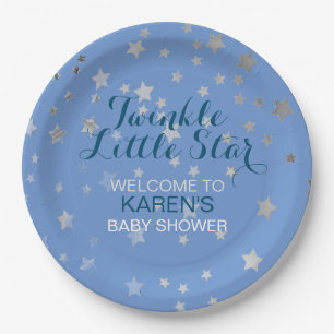 Twinkle Little Star Blue Silver Stars Babydusche Pappteller