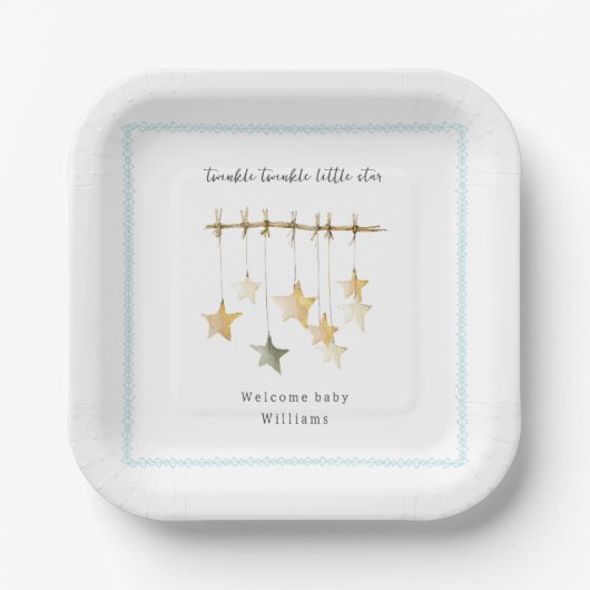 Twinkle Little Star Boho Blau Baby Shower Pappteller (Vorderseite)