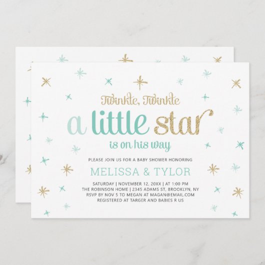 Twinkle Little Star Boy Baby Dusche, Sprinkle Einladung (Vorne/Hinten)