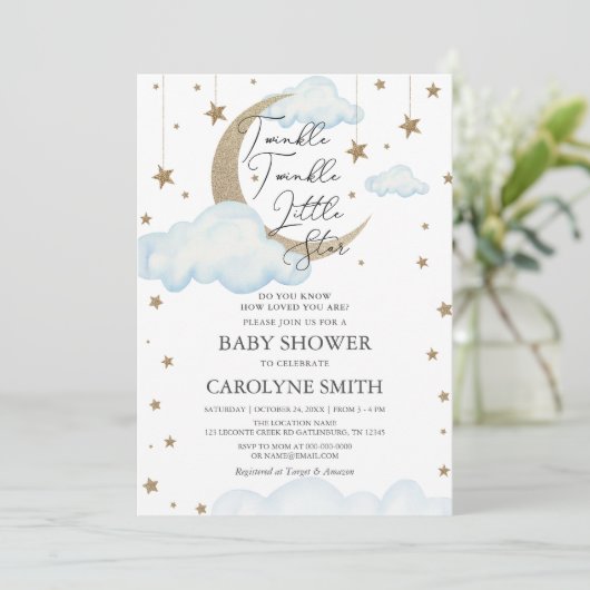 Twinkle Little Star Boy Baby Shower Einladung (Stehend Vorderseite)