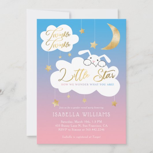 Twinkle Little Star Bunny Gender Reveal Party Einladung (Vorderseite)