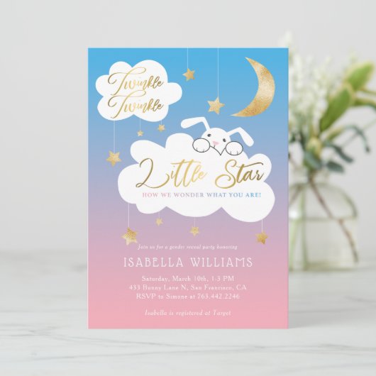 Twinkle Little Star Bunny Gender Reveal Party Einladung (Stehend Vorderseite)