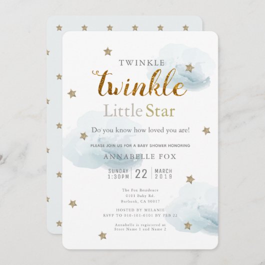 Twinkle Little Star & Cloud Baby Dusche Einladung (Vorne/Hinten)