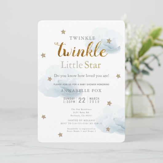 Twinkle Little Star & Cloud Baby Dusche Einladung (Stehend Vorderseite)
