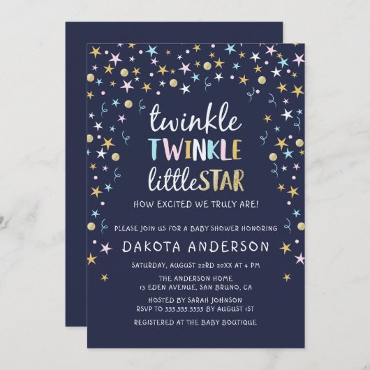 Twinkle Little Star Confetti & Blue Baby Dusche Einladung (Vorne/Hinten)