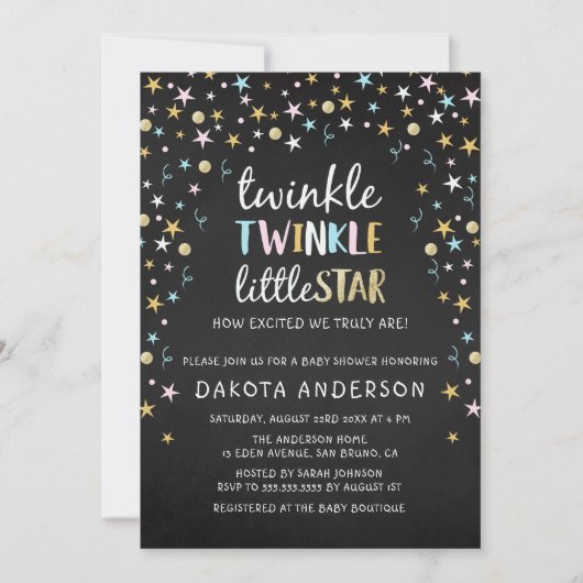 Twinkle Little Star Confetti & Chalk Baby Dusche Einladung (Vorderseite)