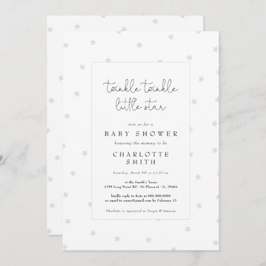 Twinkle Little Star Elegant Baby Shower Gray Einladung (Vorne/Hinten)