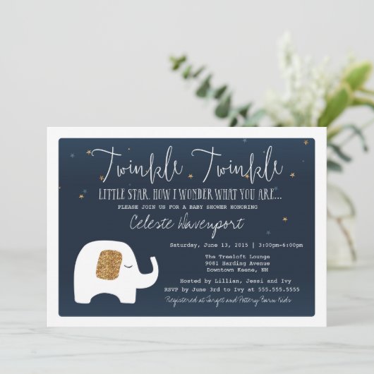 Twinkle Little Star Elephant Baby Dusche einladen Einladung (Stehend Vorderseite)