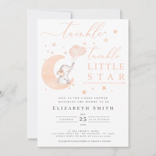 Twinkle Little Star Elephant Peach Baby Dusche Einladung (Vorderseite)