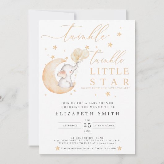 Twinkle Little Star Elephant Yellow Baby Dusche Einladung (Vorderseite)