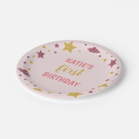 Twinkle Little Star First Birthday Baby pink Pappteller (Schrägansicht)