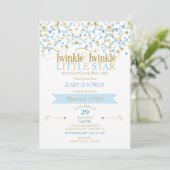 Twinkle Little Star Gold & Baby Blue Einladung (Stehend Vorderseite)