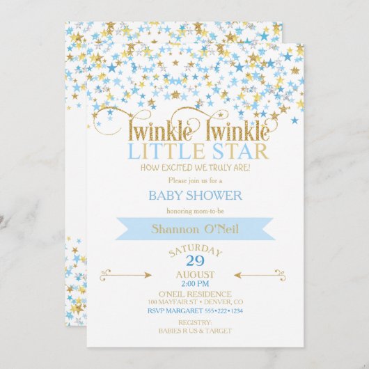 Twinkle Little Star Gold & Baby Blue Einladung (Vorne/Hinten)