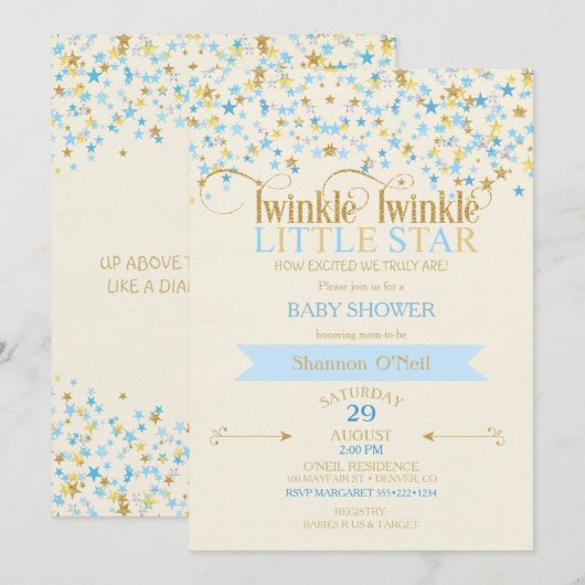 Twinkle Little Star Gold & Baby Blue Gold Einladung (Vorne/Hinten)