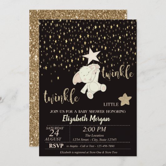Twinkle Little Star Gold Glitzer, Bear Baby Dusche Einladung (Vorne/Hinten)