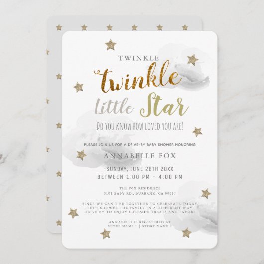 Twinkle Little Star Gray Drive-by Baby Shower Einladung (Vorne/Hinten)