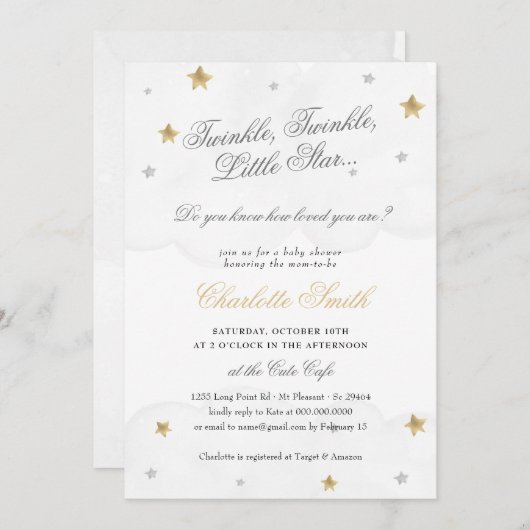 Twinkle Little Star Gray Gold Elegante Baby Dusche Einladung (Vorne/Hinten)