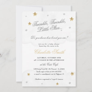 Twinkle Little Star Gray Gold Elegante Baby Dusche Einladung