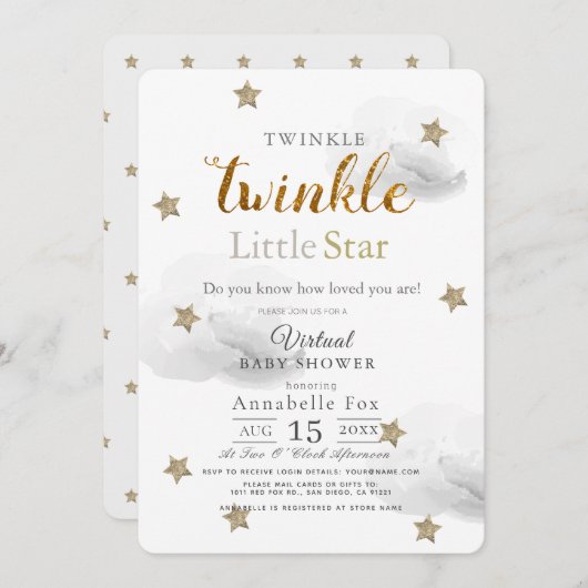 Twinkle Little Star Gray Virtual Baby Dusche Einladung (Vorne/Hinten)