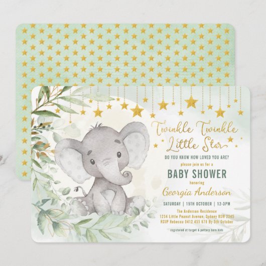 Twinkle Little Star Greenerie Elephant Babydusche Einladung (Vorne/Hinten)