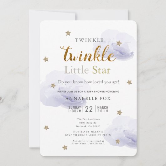 Twinkle Little Star Lavender Baby Dusche Einladung (Vorderseite)