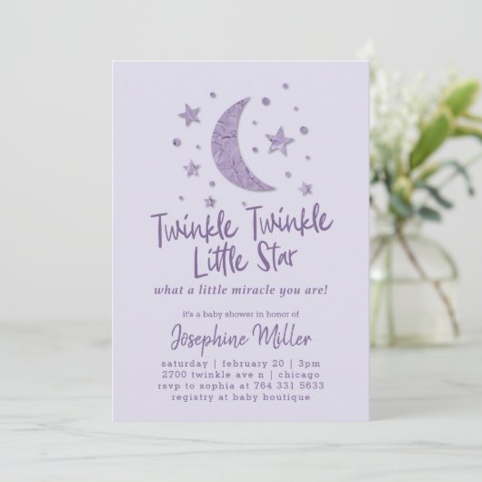 Twinkle Little Star Lavender Baby Dusche Einladung (Stehend Vorderseite)