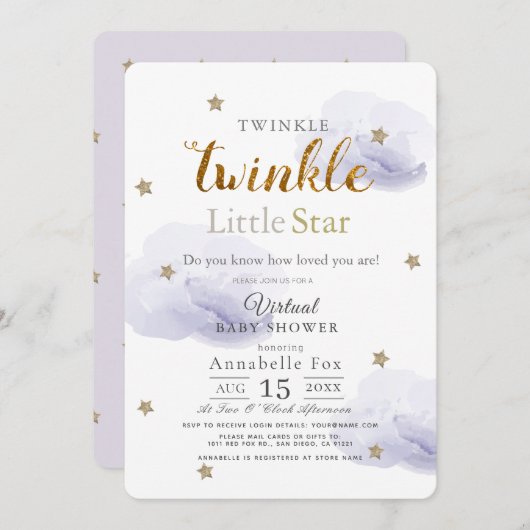 Twinkle Little Star Lavender Virtual Baby Dusche Einladung (Vorne/Hinten)