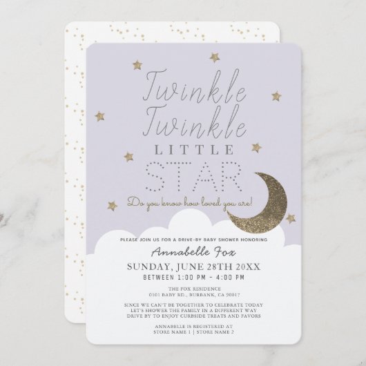 Twinkle Little Star Lilac Drive-by Baby Shower Einladung (Vorne/Hinten)