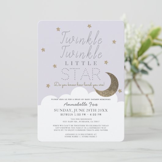 Twinkle Little Star Lilac Drive-by Baby Shower Einladung (Stehend Vorderseite)