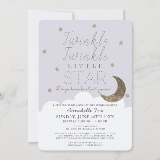 Twinkle Little Star Lilac Drive-by Baby Shower Einladung (Vorderseite)