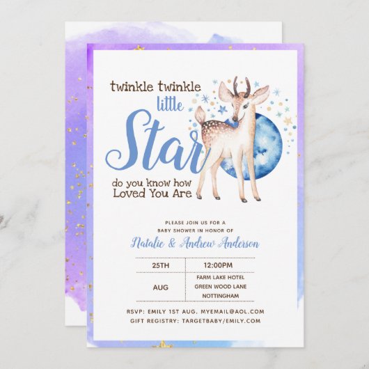 Twinkle Little Star Little Deer Blue Einladung (Vorne/Hinten)