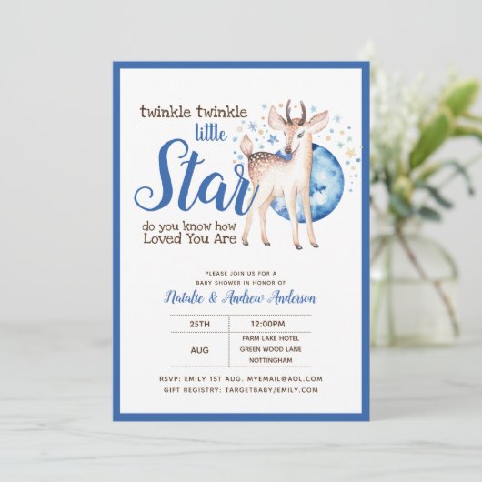 Twinkle Little Star Little Deer Blue Einladung (Stehend Vorderseite)