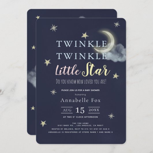 Twinkle Little Star Midnight Blue Baby Dusche Einladung (Vorne/Hinten)