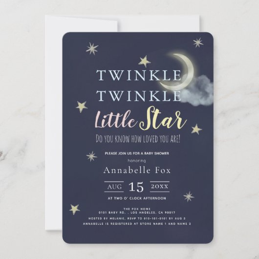 Twinkle Little Star Midnight Blue Baby Dusche Einladung (Vorderseite)