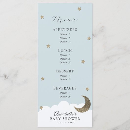 Twinkle Little Star Moon Blue Baby Duschmenü Menükarte (Vorderseite)