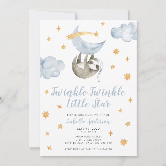 Twinkle Little Star Moon Blue Boy Baby Dusche Einladung (Vorderseite)