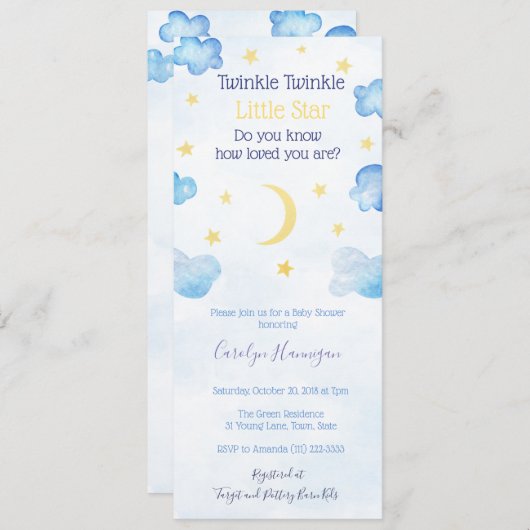 Twinkle Little Star Moon Clouds Sky Baby Dusche Einladung (Vorne/Hinten)