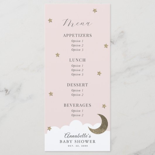 Twinkle Little Star Moon Pink Baby Duschmenü Menükarte (Vorderseite)